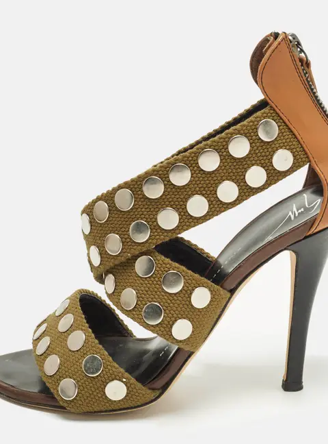 Giuseppe Zanotti Size 36 Olive Green/Brown Canvas and Leather Studded Strappy Sandals