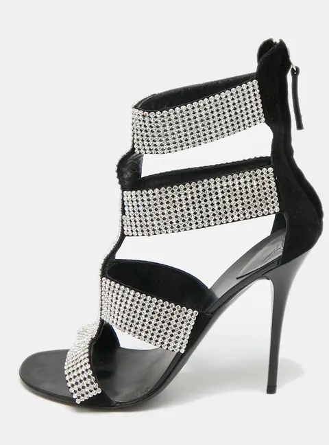 Giuseppe Zanotti  Size 37 Black Suede  Crystal Embellished Ankle Strap Sandals