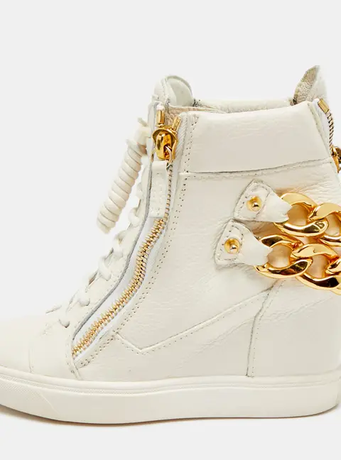Giuseppe Zanotti Chain Detail Size 37.5 White Leather High Top Wedge Sneakers