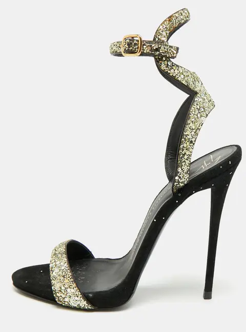 Giuseppe Zanotti Size 39 Gold/Black Glitter and Suede Ankle Strap Sandals