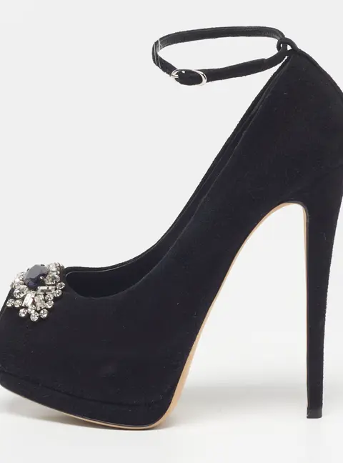 Giuseppe Zanotti Size 37.5 Black Suede Crystal Embellished Platform Pumps