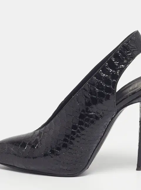 Giuseppe Zanotti Size 37 Black Snakeskin Embossed Patent Leather Slingback Pumps