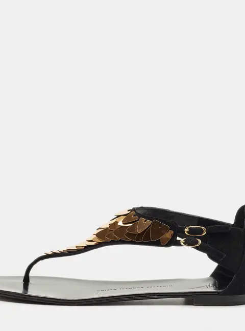 Giuseppe Zanotti Black Suede Crystal Embellished Thong Flats Size 40