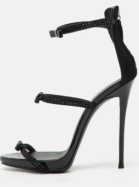 Giuseppe Zanotti Black Suede and Patent Leather Bow Harmony Ankle Strap Sandals Size 36