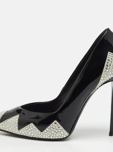 Giuseppe Zanotti Black Patent Leather and Suede Crystal Embellished Pointed Toe Pumps Size 38