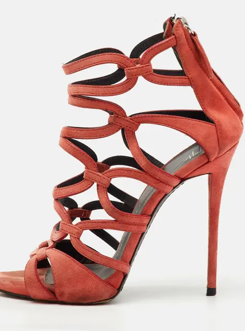 Giuseppe Zanotti Peach Orange Suede Cut Our Caged Ankle Strap Sandals Size 38