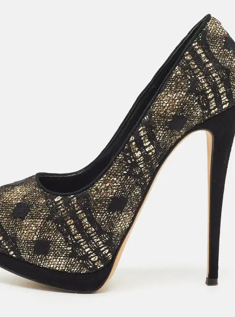 Giuseppe Zanotti Size 37.5 Black/Gold Glitter and Lace Platform Pumps