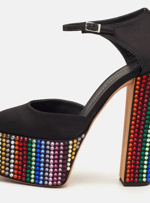 Giuseppe Zanotti Bebe Strass Size 37 Black Satin Crystal Embellished Platform Ankle Strap Pumps
