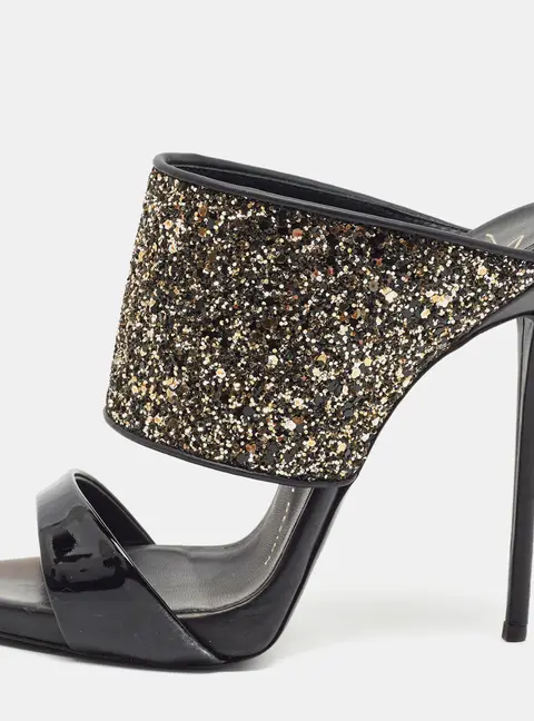 Giuseppe Zanotti Andrea Size 37 Black/Gold Glitter and Patent Leather Slide Sandals