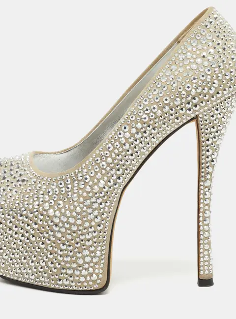 Giuseppe Zanotti Liza Size 37 Beige Suede Crystal Embellished Peep Toe Platform Pumps