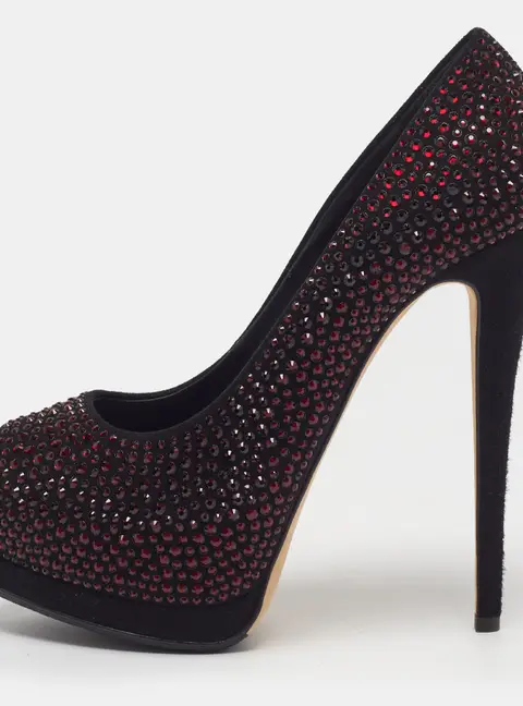 Giuseppe Zanotti Size 38 Black Suede Crystal Embellished Peep Toe Pumps