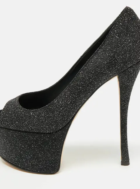 Giuseppe Zanotti Sharon Size 39.5 Black Glitter Platform Peep Toe Pumps