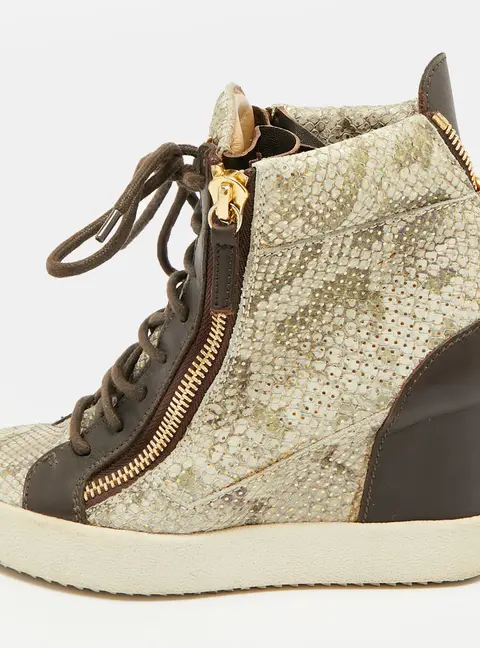 Giuseppe Zanotti Size 38 Brown/Grey Leather and Python Embossed Leather Wedge Sneakers