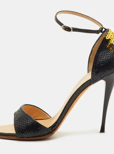 Giuseppe Zanotti Size 38 Black/Gold Leather and Sequins Ankle Strap Sandals