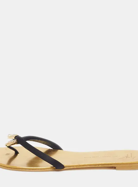 Giuseppe Zanotti Size 39 Black Satin Thong Flat Slides