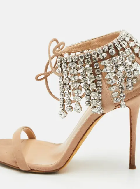 Giuseppe Zanotti Carrie Size 36 Beige Suede Crystal Embellished Ankle Strap Sandals