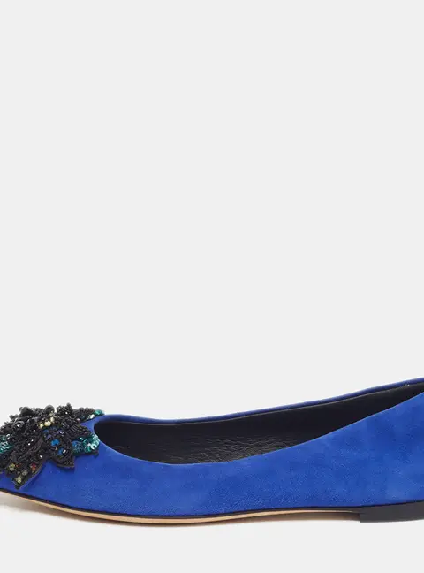 Giuseppe Zanotti Size 36 Blue Suede Embellished Pointed Toe Ballet Flats