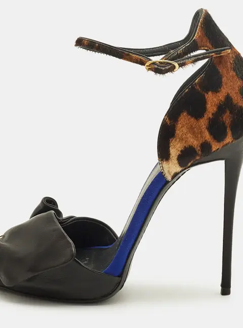 Giuseppe Zanotti Safety Pin Size 39 Black/Brown Calf Hair and Leather Ankle Strap Sandals