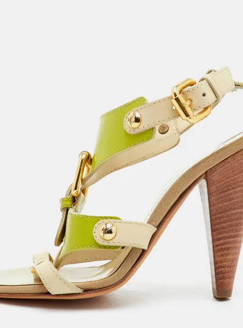 Giuseppe Zanotti Size 36 Off White/Green Leather and Patent Leather Ankle Strap Sandals