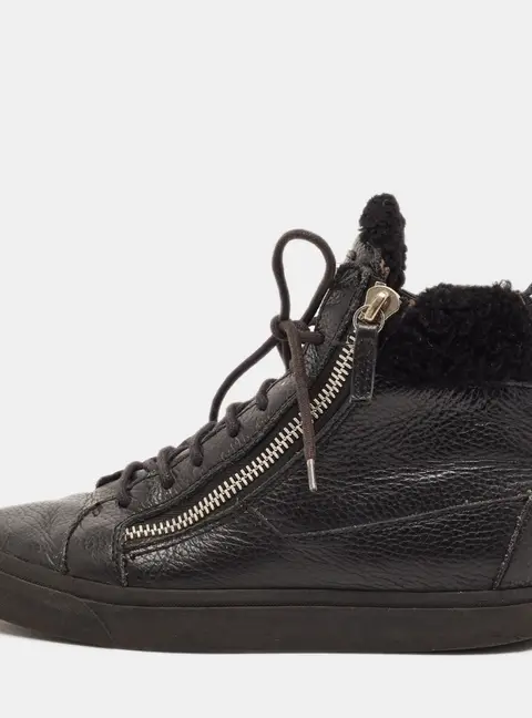 Giuseppe Zanotti Size 37.5 Black Leather and Shearling Fur High Top Sneakers