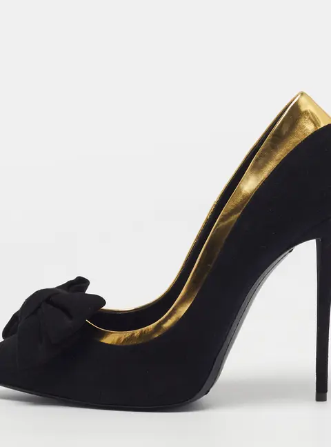 Giuseppe Zanotti Size 40  Gold/Black Leather and Suede Bow Pointed Toe Pumps