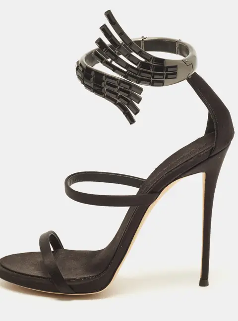 Giuseppe Zanotti Vera Size 40 Black Satin Crystal Embellished Ankle Cuff Sandals