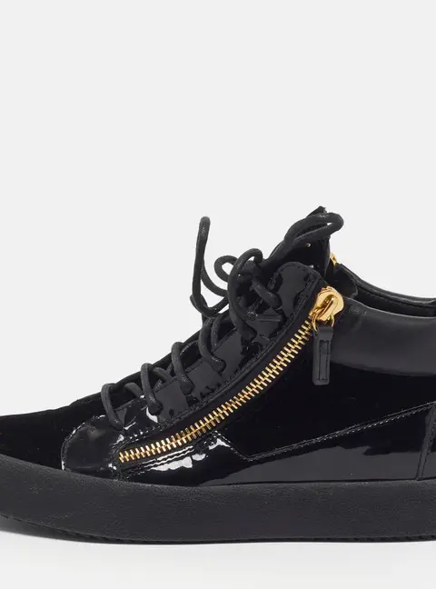 Giuseppe Zanotti Kriss Size 40 Black Patent Leather and Velvet Low Top Sneakers
