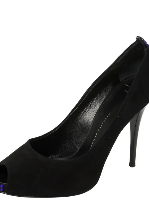 Giuseppe Zanotti Black Suede Embellished Peep Toe Pumps Size 37.5