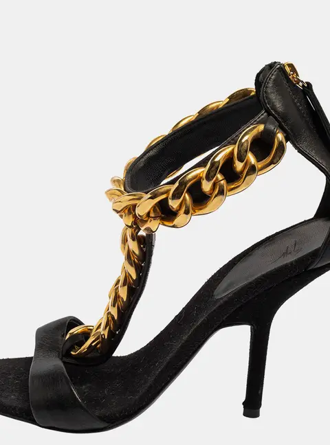 Giuseppe Zanotti Black Leather Chain Detail T Strap Sandals Size 38.5