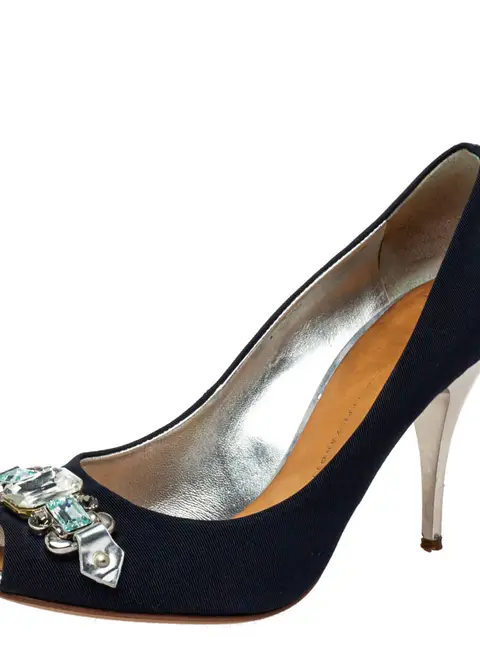 Giuseppe Zanotti Blue Fabric Embellished Peep Toe Pumps Size 38.5