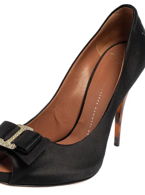 Giuseppe Zanotti Black Satin Bow Embellished Peep Toe Pumps Size 38.5