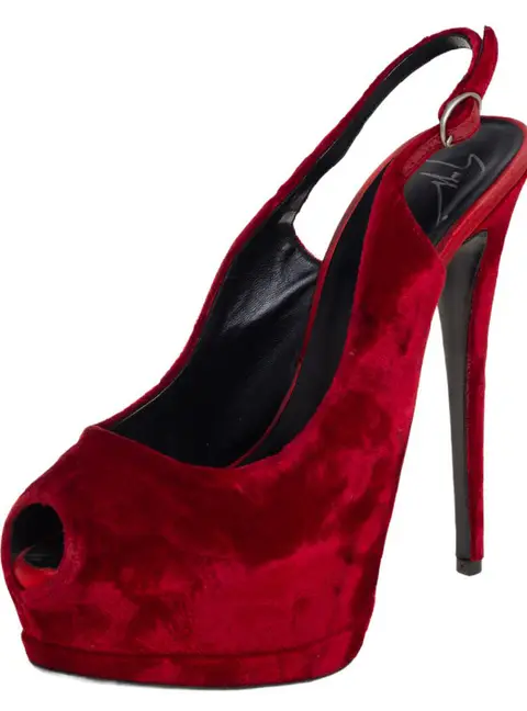 Giuseppe Zanotti Red Velvet Peep Toe Slingback Platform Sandals Size 38.5