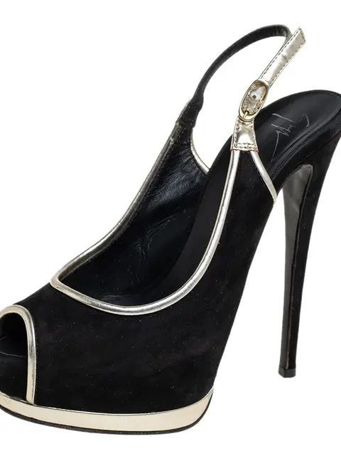 Guiseppe Zannotti Black/Silver Suede And Leather Trim Peep Toe Slingback Platform Sandals Size 37.5
