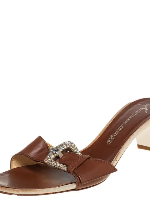 Giuseppe Zanotti Brown Leather Buckle Detail Slide Sandals Size 40