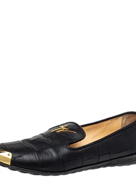 Giuseppe Zanotti Black Croc Embossed Leather Slip On Loafers Size 37.5
