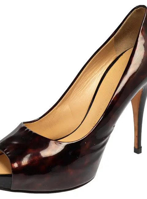Giuseppe Zanotti Brown Tortoise Shell Patent Leather Peep Toe Platform Pumps Size 39