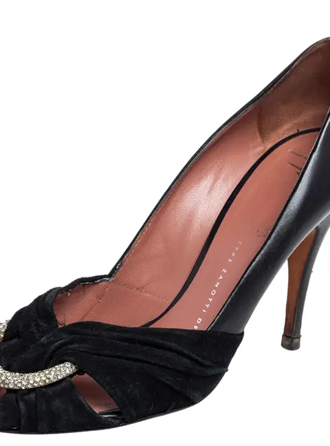 Giuseppe Zanotti Black Leather and Suede Crystal Embellished Peep Toe Pumps Size 37.5