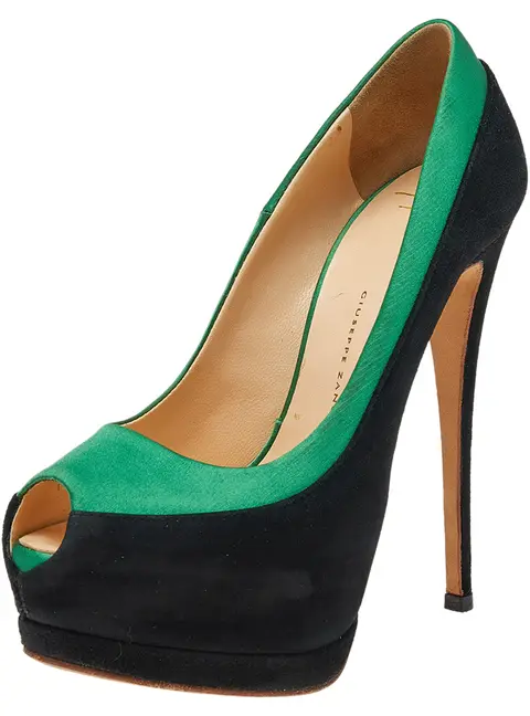 Giuseppe Zanotti Black/Green Satin and Suede Peep Toe Platform Pumps Size 36