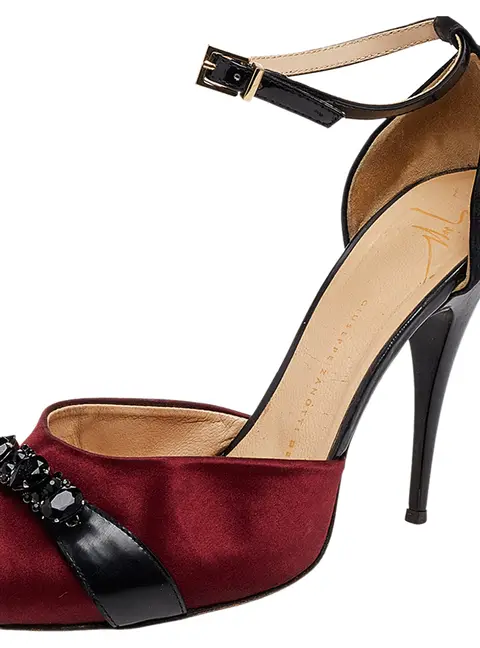 Giuseppe Zanotti Black/Burgundy Satin And Leather Slingback Sandals Size 38