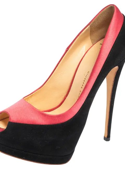 Giuseppe Zanotti Black/Pink Suede and Satin Peep Toe Platform Pumps Size 36