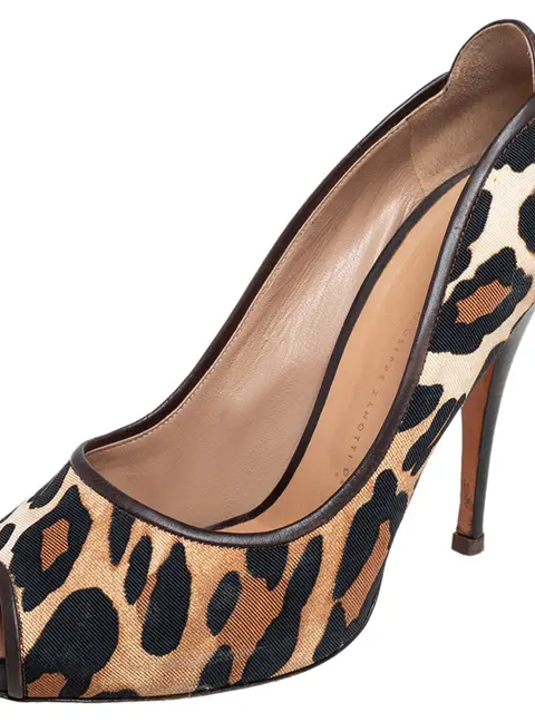 Giuseppe Zanotti Leopard Print Canvas and Leather Trim Peep Toe Pumps Size 41