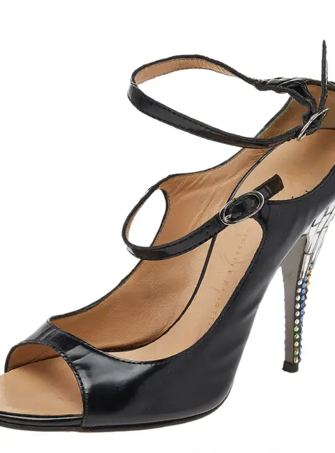 Giuseppe Zanotti Black Leather Embellished Heel Ankle Strap Sandals Size 37