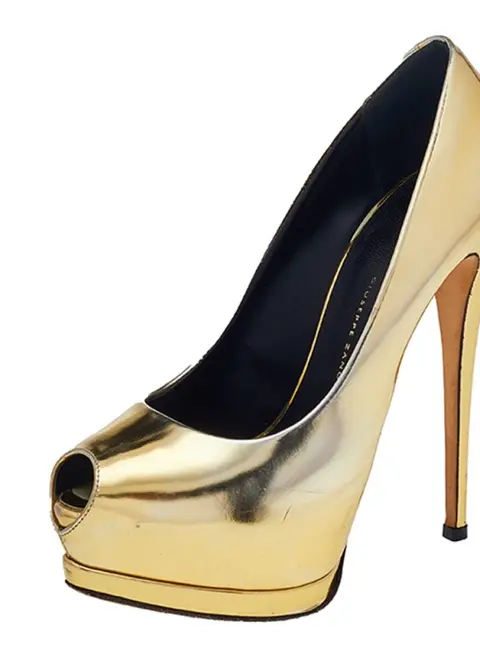 Giuseppe Zanotti Metallic Gold Mirror Leather Peep Toe Platform Pumps Size 37.5