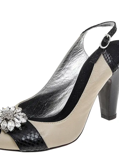 Giuseppe Zanotti Beige/Black Leather And Python Embossed Leather Embellished Slingback Sandals Size 37.5