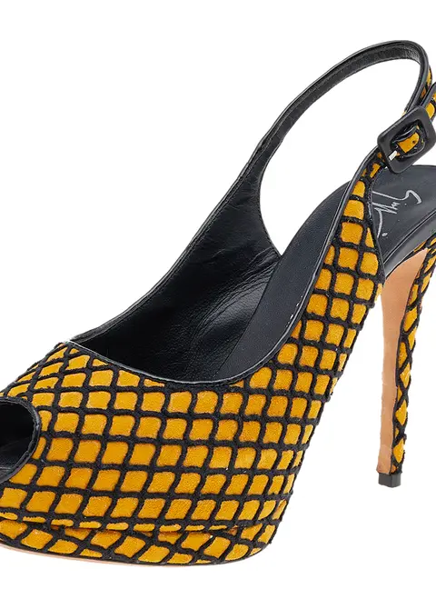 Giuseppe Zanotti Yellow/Black Suede And Fabric Platform Peep Toe Slingback Sandals Size 38.5