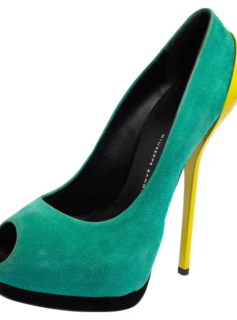 Giuseppe Zanotti Tri-Color Suede And Patent Leather Peep Toe Platform Pumps Size 37