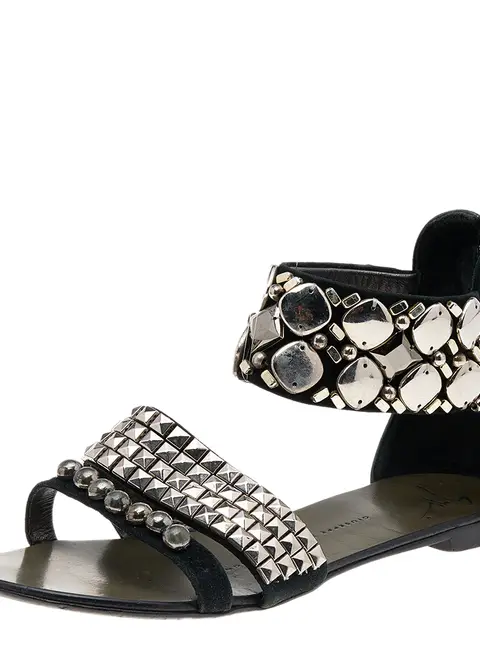 Giuseppe Zanotti Black Suede Studded Ankle Cuff Flat Sandals Size 36
