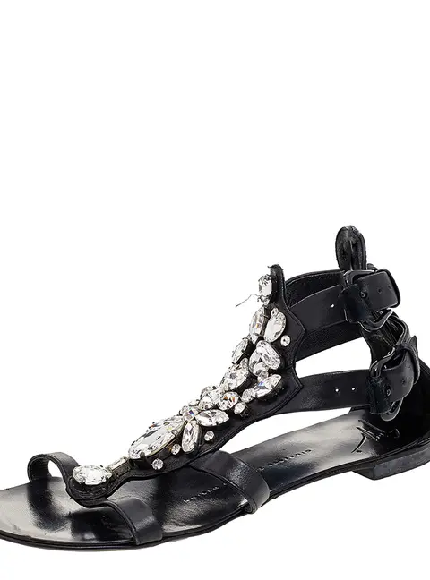 Giuseppe Zanotti Black Leather Crystal Embellished Ankle Strap Flat Sandals Size 36
