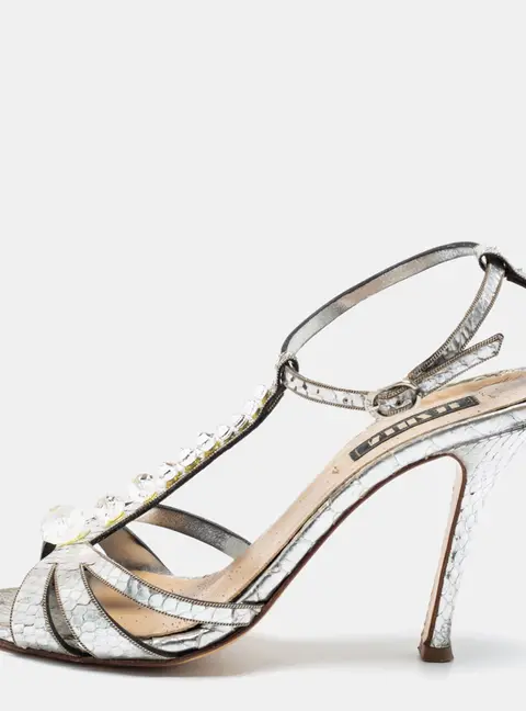 Le Silla Silver Python Embossed Leather T-Strap Platform Sandals Size 37.5