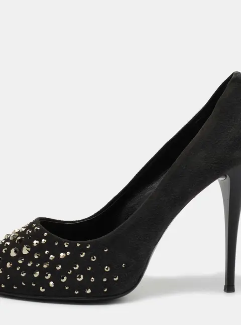 Giuseppe Zanotti Grey Suede Embellished Peep Toe Pumps Size 38.5
